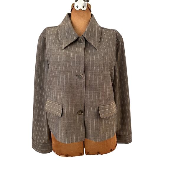 Express Sz M Pinstripe Collared Jacket Neutral Office Tailored Cropped Stretch - Picture 3 of 15